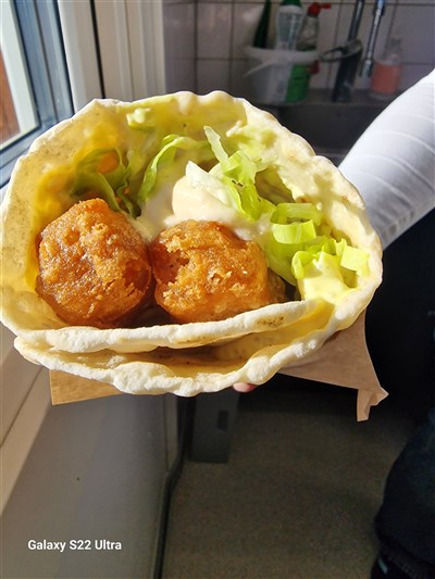 Två friterade fiskrullar i varmt tunnbröd